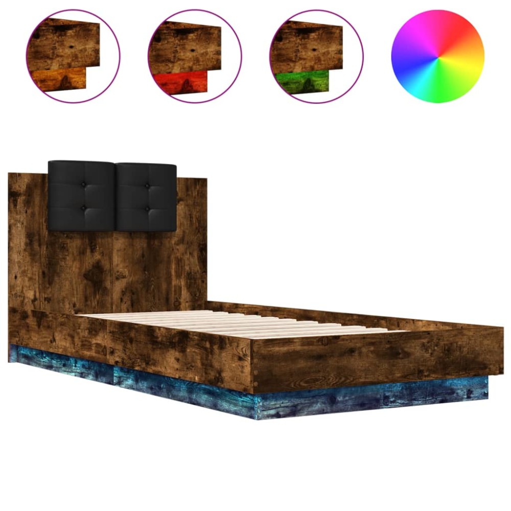 vidaXL Cadru de pat cu tăblie și lumini LED, stejar fumuriu, 75x190 cm