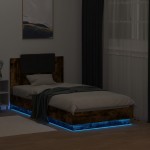 vidaXL Cadru de pat cu tăblie și lumini LED, stejar fumuriu, 75x190 cm