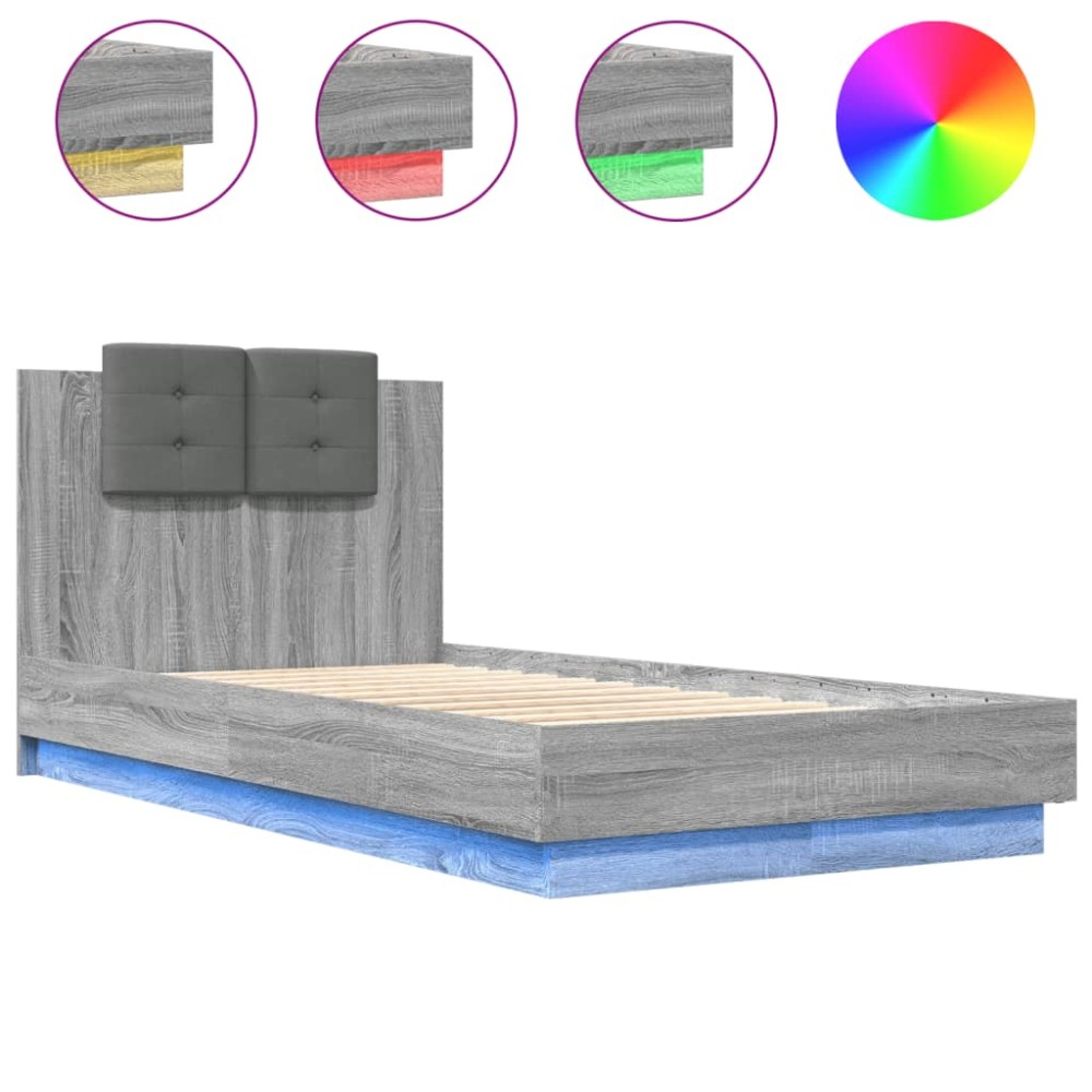 vidaXL Cadru de pat cu tăblie și lumini LED, gri sonoma, 75x190 cm