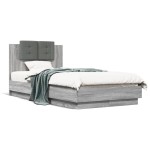 vidaXL Cadru de pat cu tăblie și lumini LED, gri sonoma, 75x190 cm