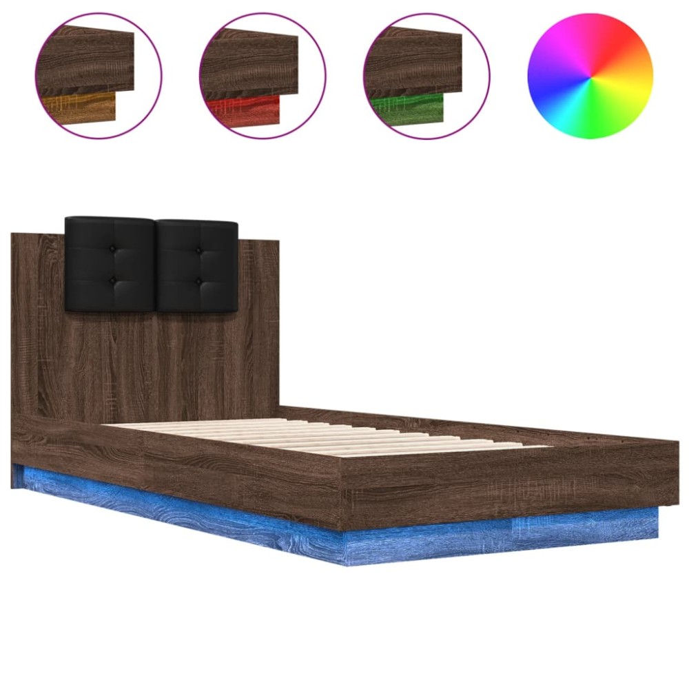 vidaXL Cadru de pat cu tăblie și lumini LED, stejar maro, 75x190 cm