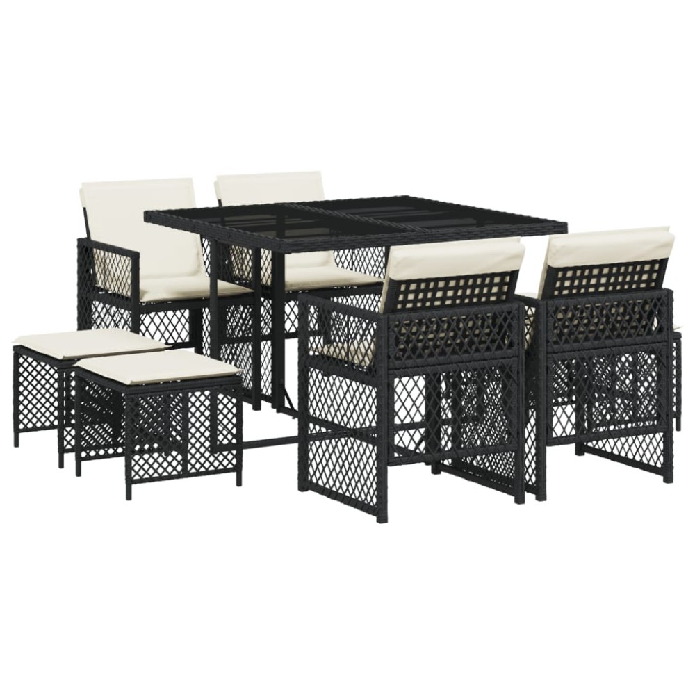 vidaXL Set mobilier de grădină cu perne, 9 piese, negru, poliratan