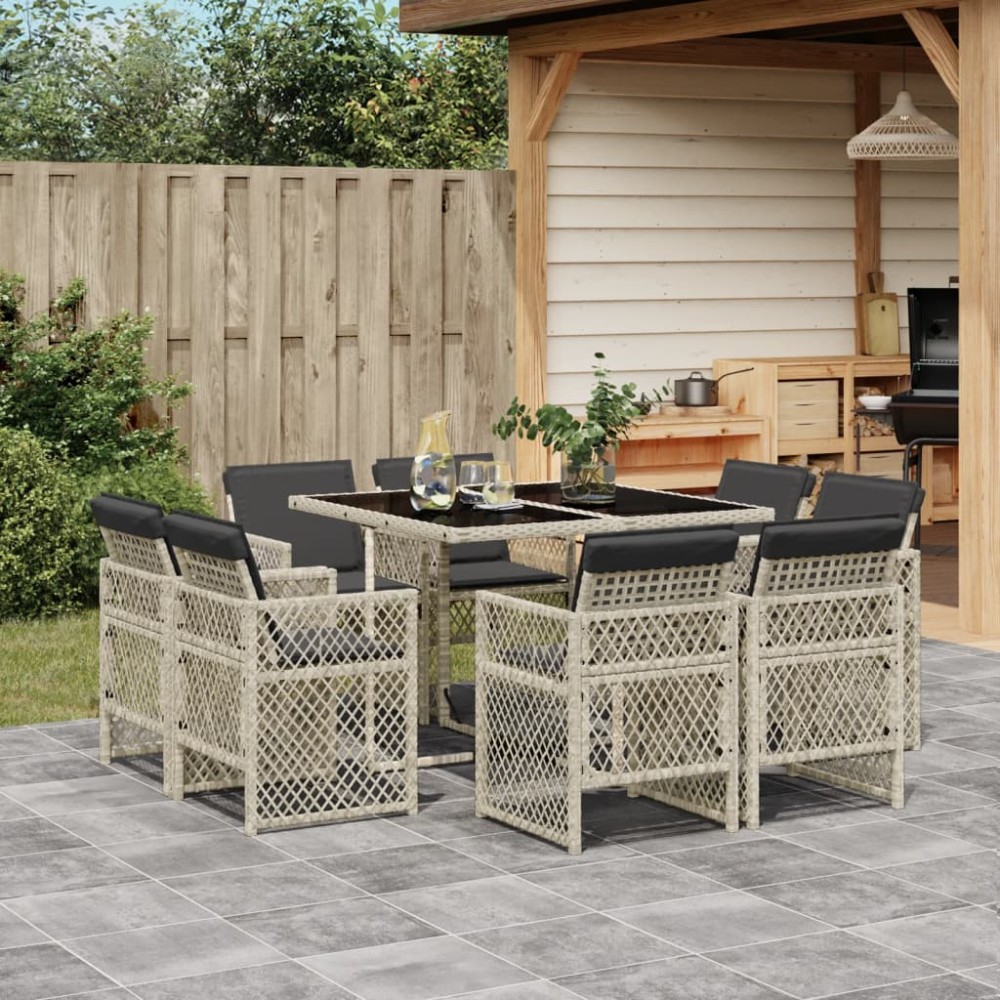 vidaXL Set mobilier grădină cu perne, 9 piese, gri deschis, poliratan