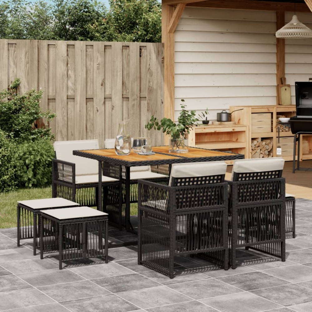 vidaXL Set mobilier de grădină cu perne, 9 piese, negru, poliratan