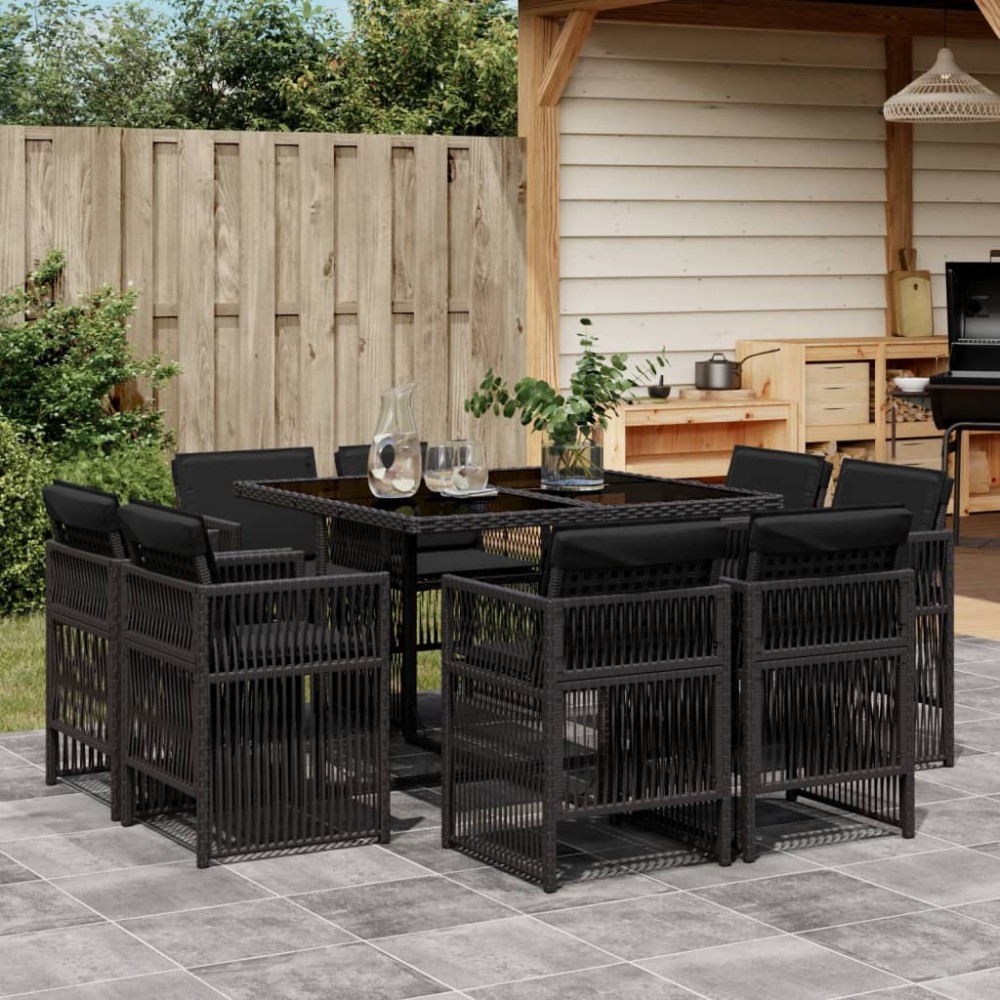 vidaXL Set mobilier de grădină cu perne, 9 piese, negru, poliratan