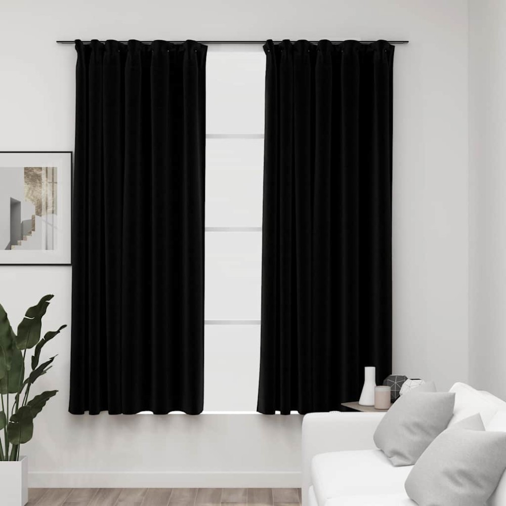 vidaXL Draperii opace aspect in, cârlige, 2 buc., negru, 140 x 175 cm