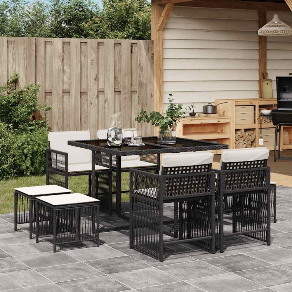 vidaXL Set mobilier de grădină cu perne, 9 piese, negru, poliratan