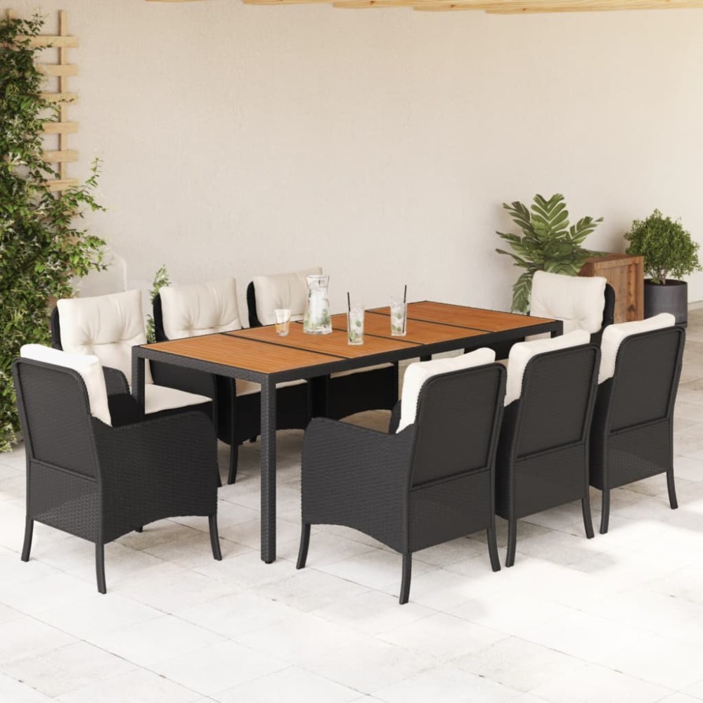vidaXL Set mobilier de grădină cu perne, 9 piese, negru, poliratan