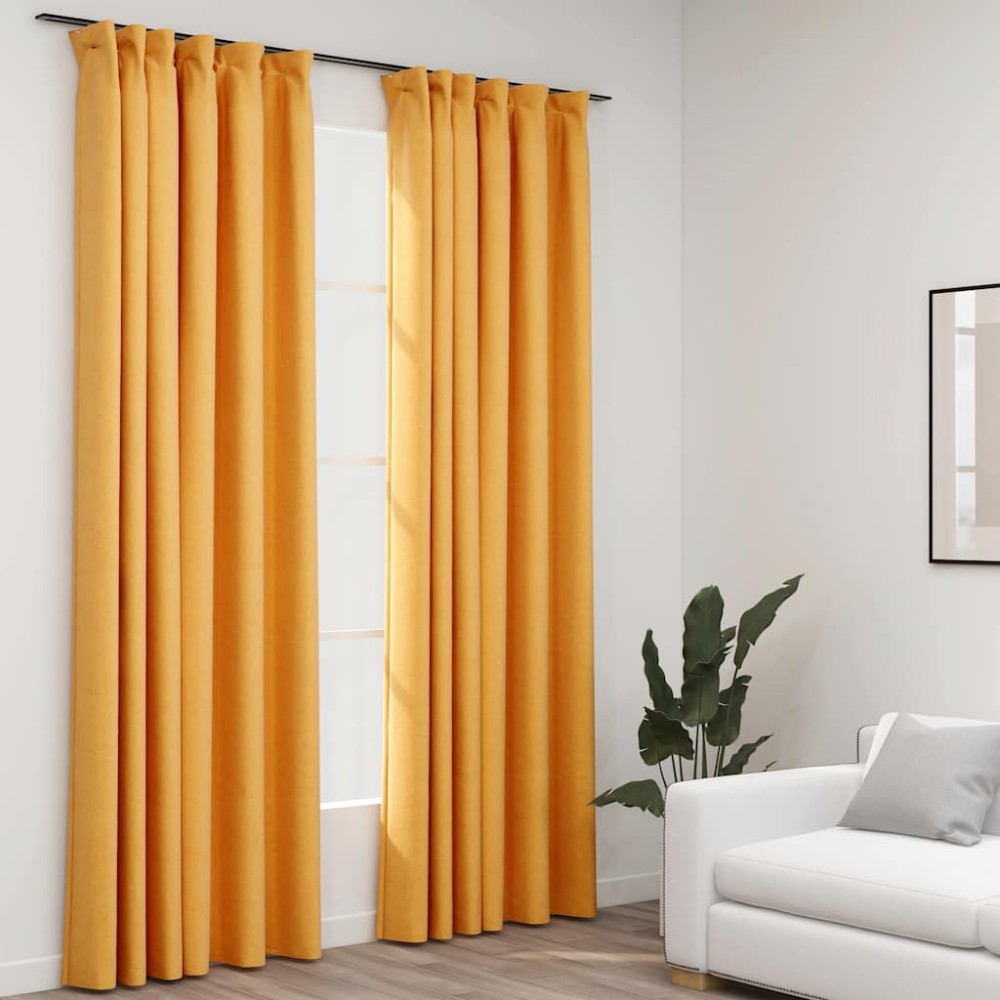 vidaXL Draperii opace aspect in, cârlige, 2 buc., galben, 140x245 cm