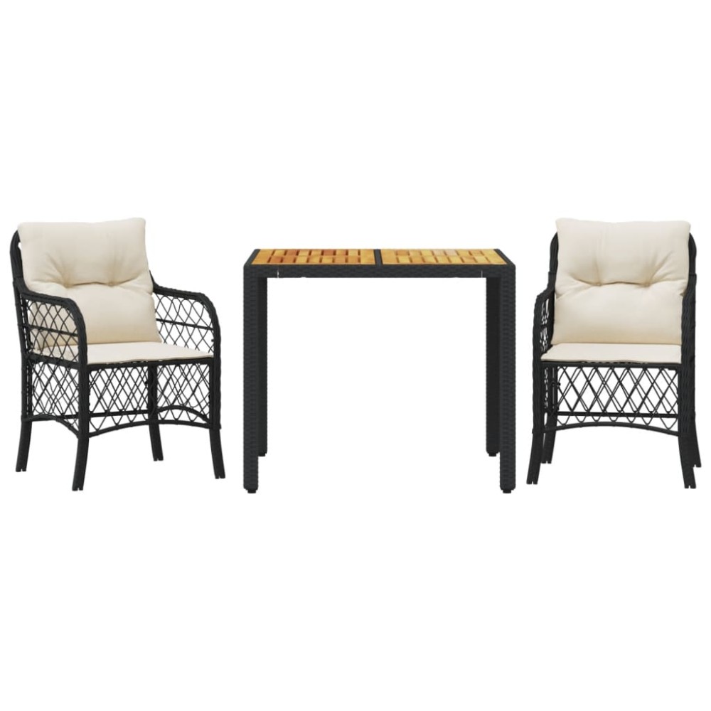 vidaXL Set bistro cu perne, 3 piese, negru, poliratan