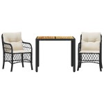 vidaXL Set bistro cu perne, 3 piese, negru, poliratan
