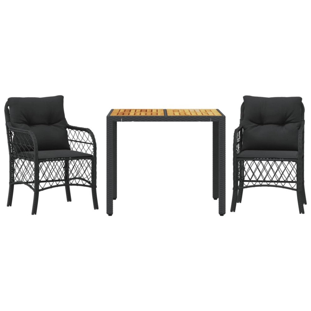 vidaXL Set bistro cu perne, 3 piese, negru, poliratan