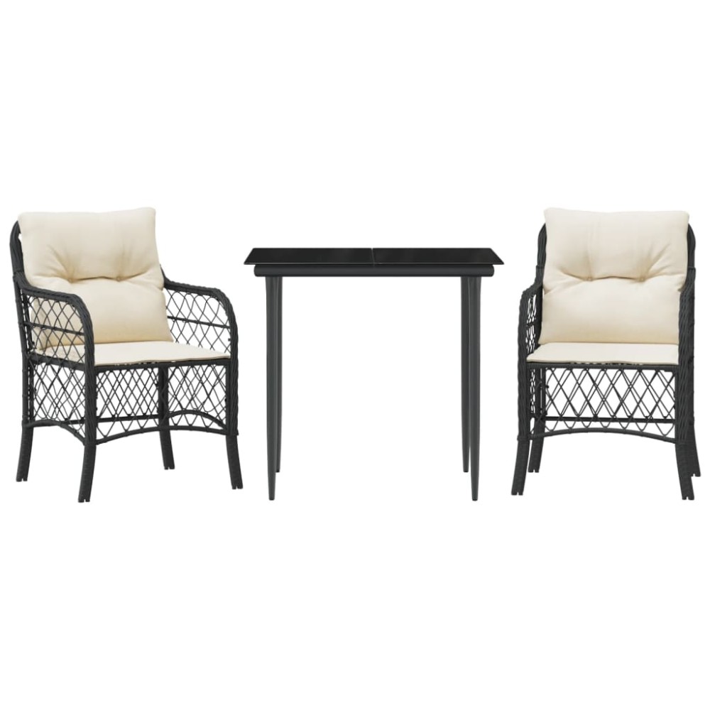 vidaXL Set bistro cu perne, 3 piese, negru, poliratan