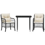 vidaXL Set bistro cu perne, 3 piese, negru, poliratan