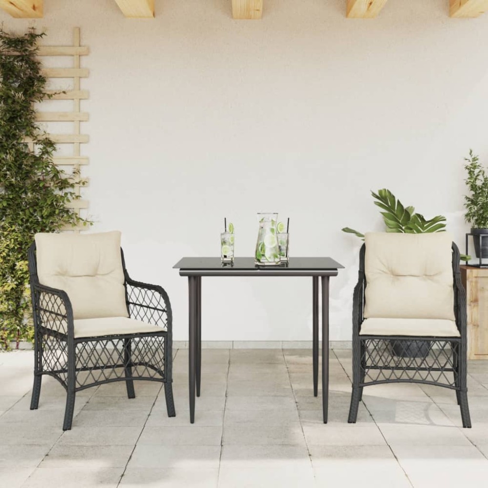 vidaXL Set bistro cu perne, 3 piese, negru, poliratan