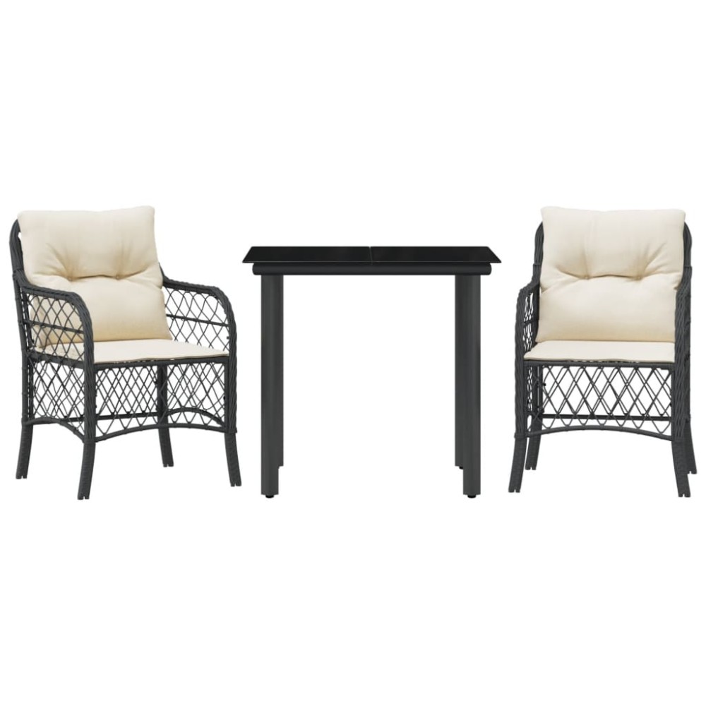 vidaXL Set bistro cu perne, 3 piese, negru, poliratan