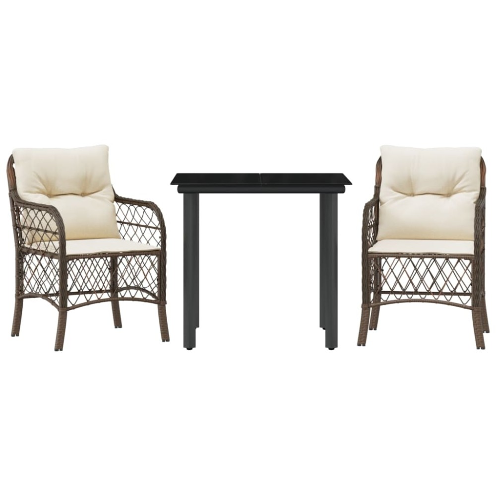 vidaXL Set bistro cu perne, 3 piese, maro, poliratan