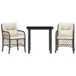 vidaXL Set bistro cu perne, 3 piese, maro, poliratan