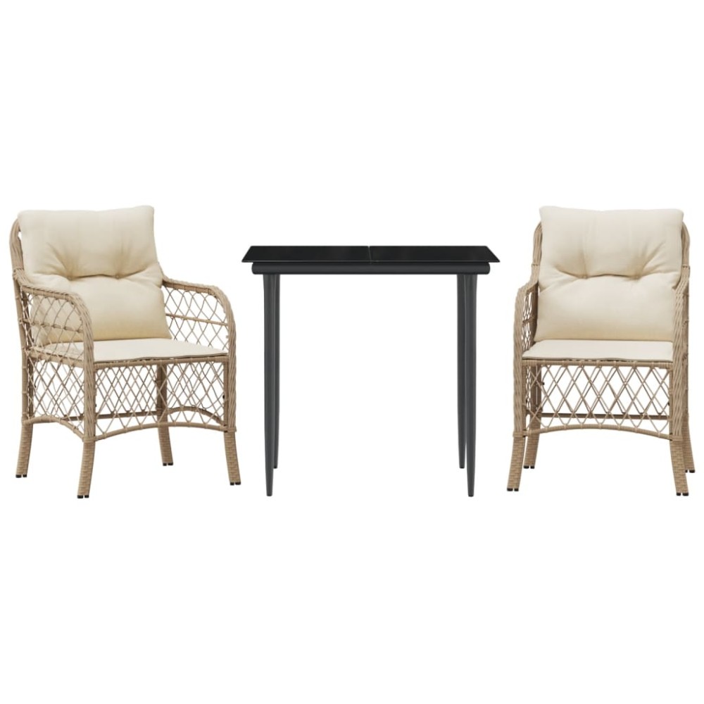 vidaXL Set bistro cu perne, 3 piese, bej, poliratan
