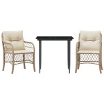 vidaXL Set bistro cu perne, 3 piese, bej, poliratan