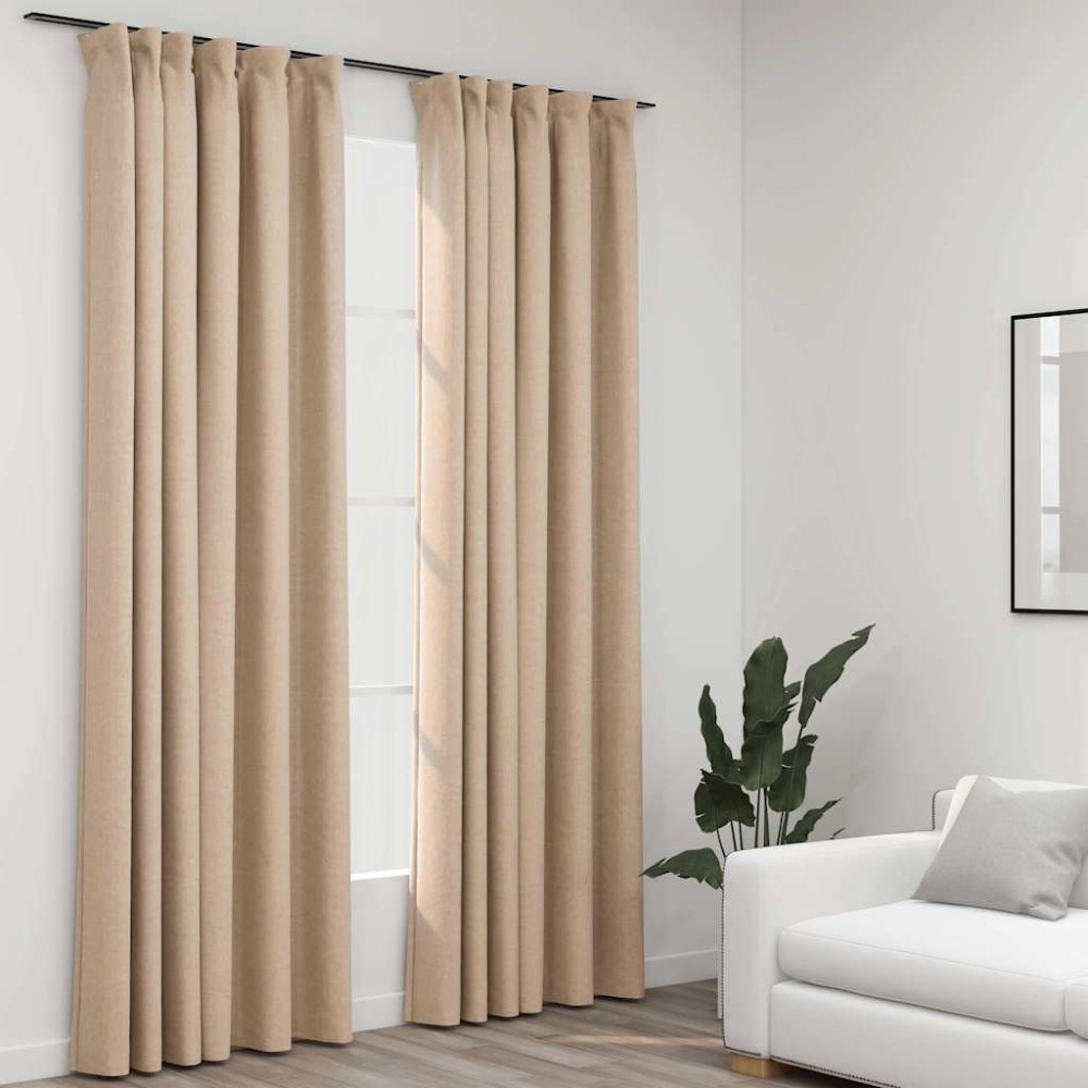 vidaXL Draperii opace aspect in, cu cârlige, 2 buc. bej, 140 x 245 cm