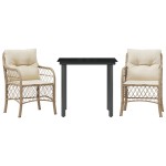 vidaXL Set bistro cu perne, 3 piese, bej, poliratan