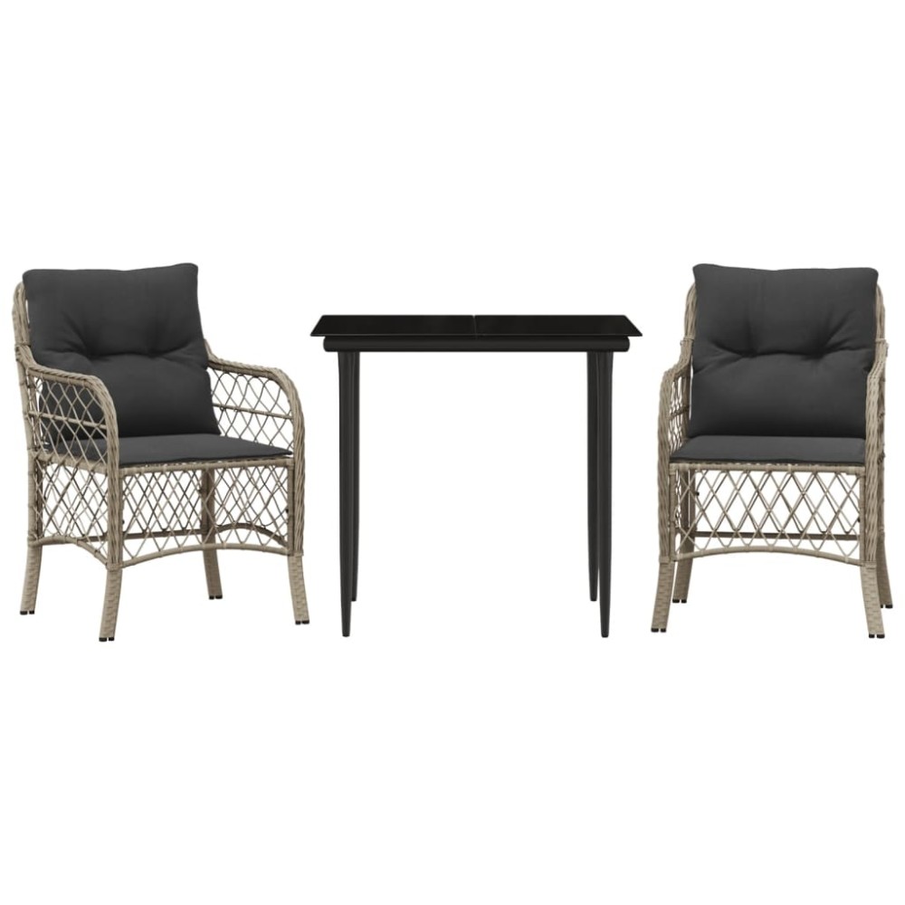 vidaXL Set bistro cu perne, 3 piese, gri deschis, poliratan