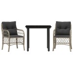vidaXL Set bistro cu perne, 3 piese, gri deschis, poliratan