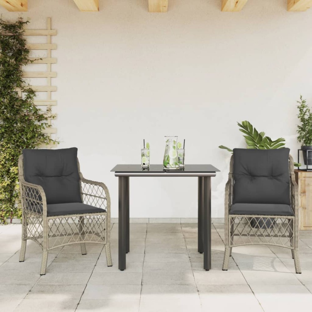 vidaXL Set bistro cu perne, 3 piese, gri deschis, poliratan