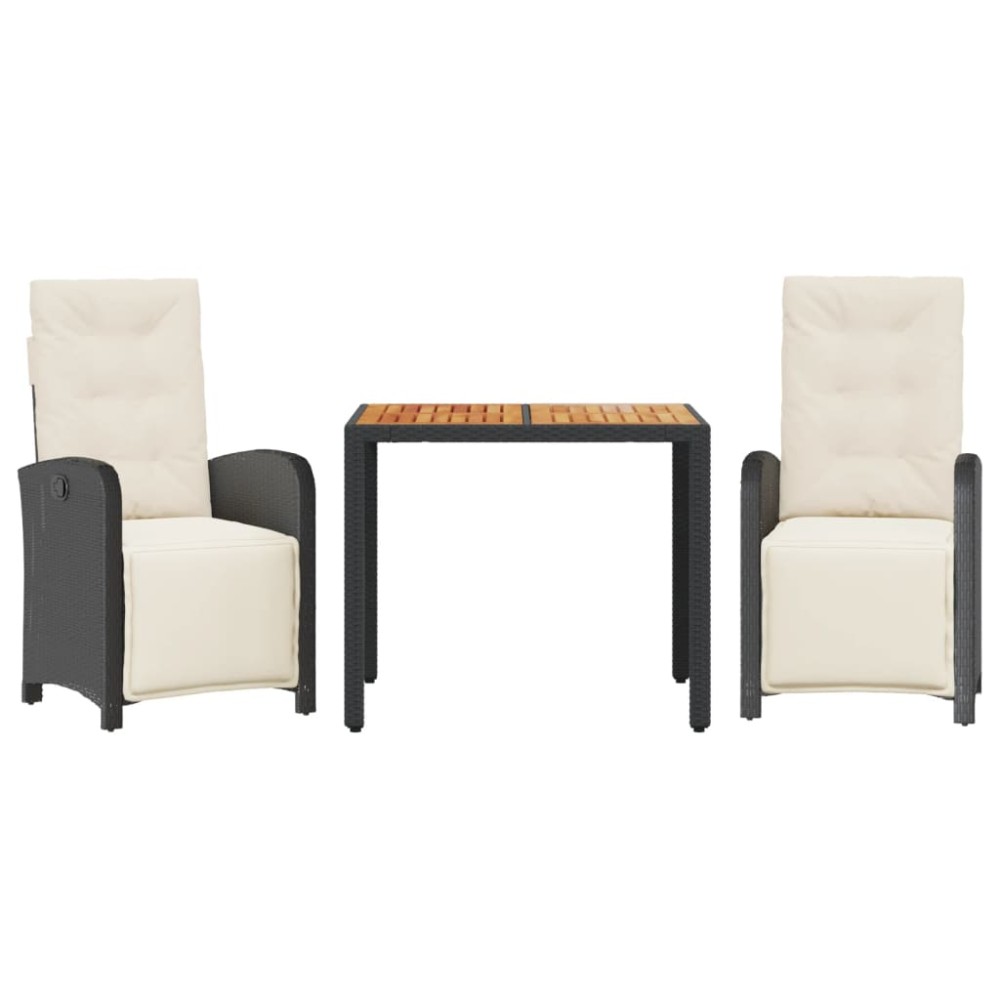 vidaXL Set bistro cu perne, 3 piese, negru, poliratan