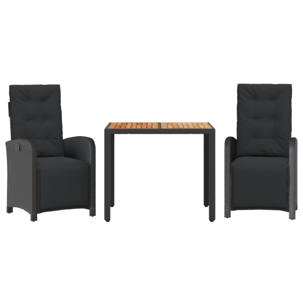 vidaXL Set bistro cu perne, 3 piese, negru, poliratan