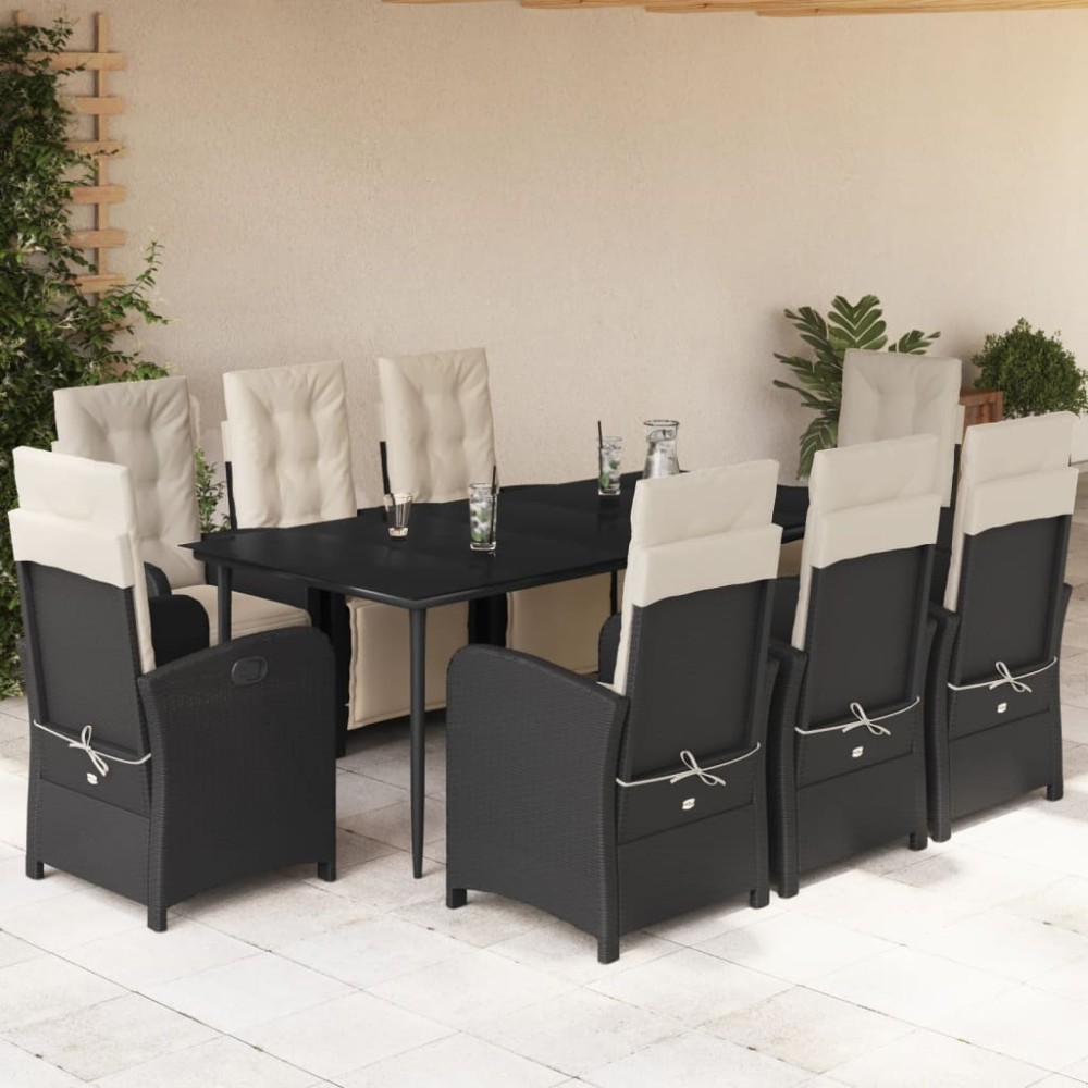 vidaXL Set mobilier de grădină cu perne, 9 piese, negru, poliratan