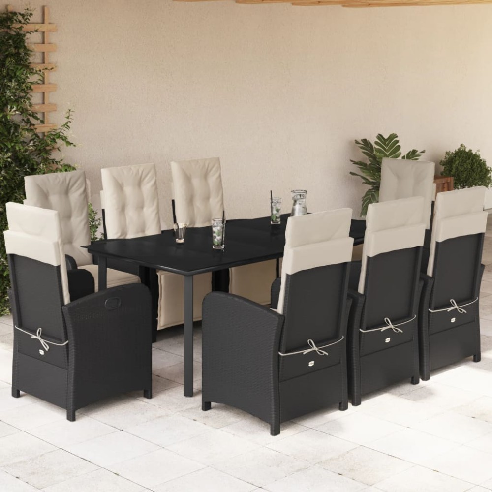 vidaXL Set mobilier de grădină cu perne, 9 piese, negru, poliratan
