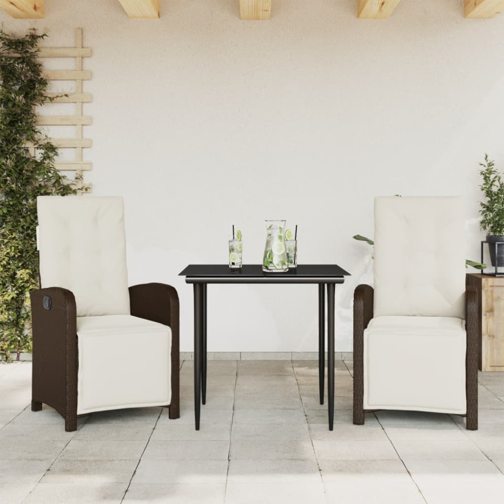 vidaXL Set bistro cu perne, 3 piese, maro, poliratan