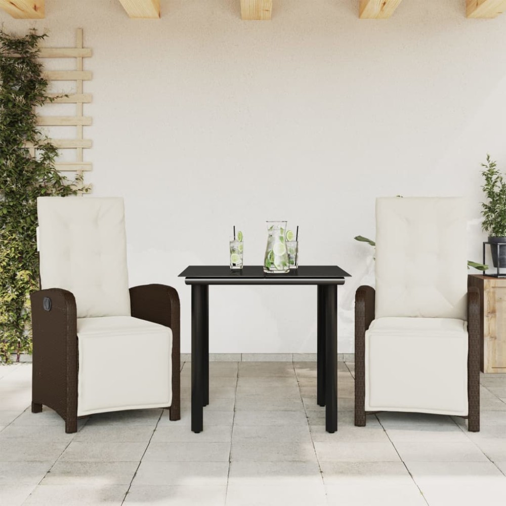 vidaXL Set bistro cu perne, 3 piese, maro, poliratan