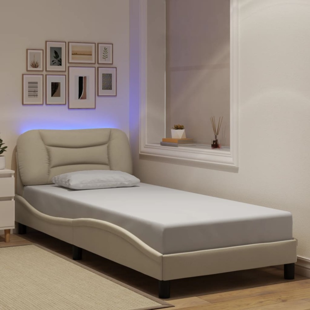 vidaXL Cadru de pat cu lumini LED, crem, 90x190 cm, textil