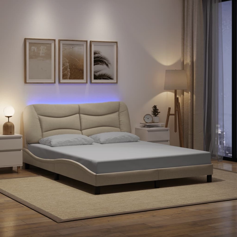 vidaXL Cadru de pat cu LED fără saltea cremă 160x200 cm țesătură