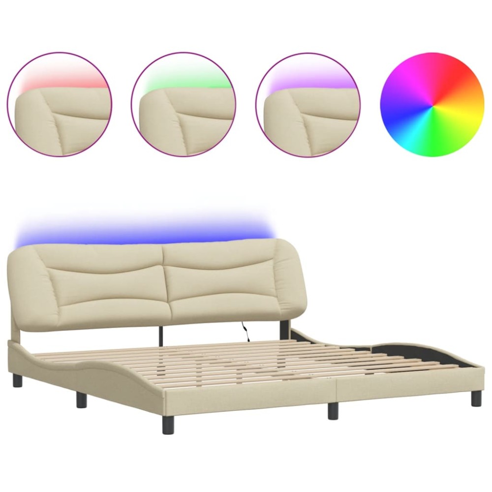 vidaXL Cadru de pat cu lumini LED, crem, 200x200 cm, textil