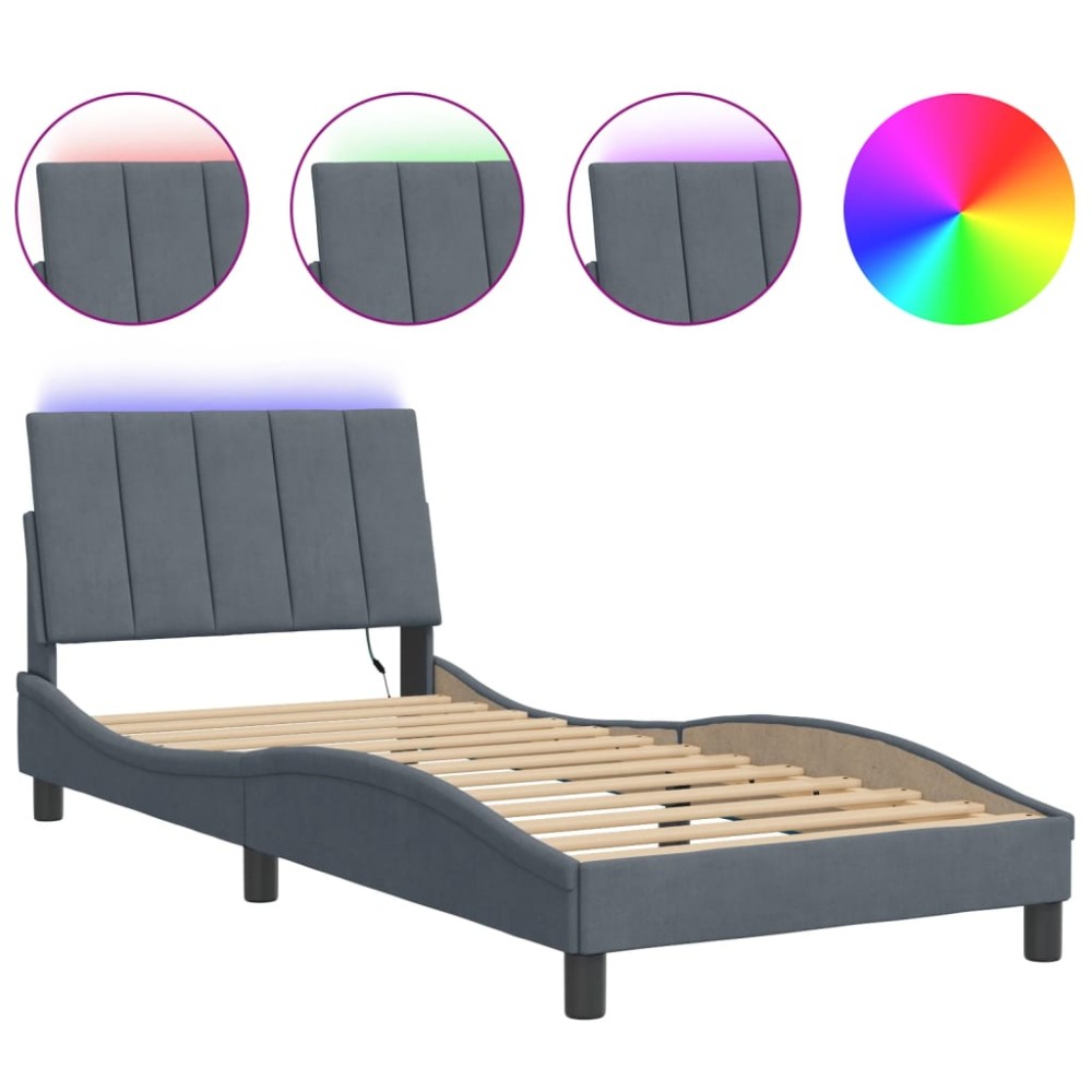 vidaXL Cadru de pat cu lumini LED, gri închis, 80x200 cm, catifea