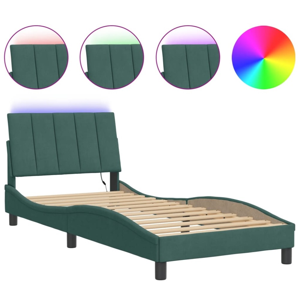 vidaXL Cadru de pat cu lumini LED, verde închis, 90x190 cm, catifea