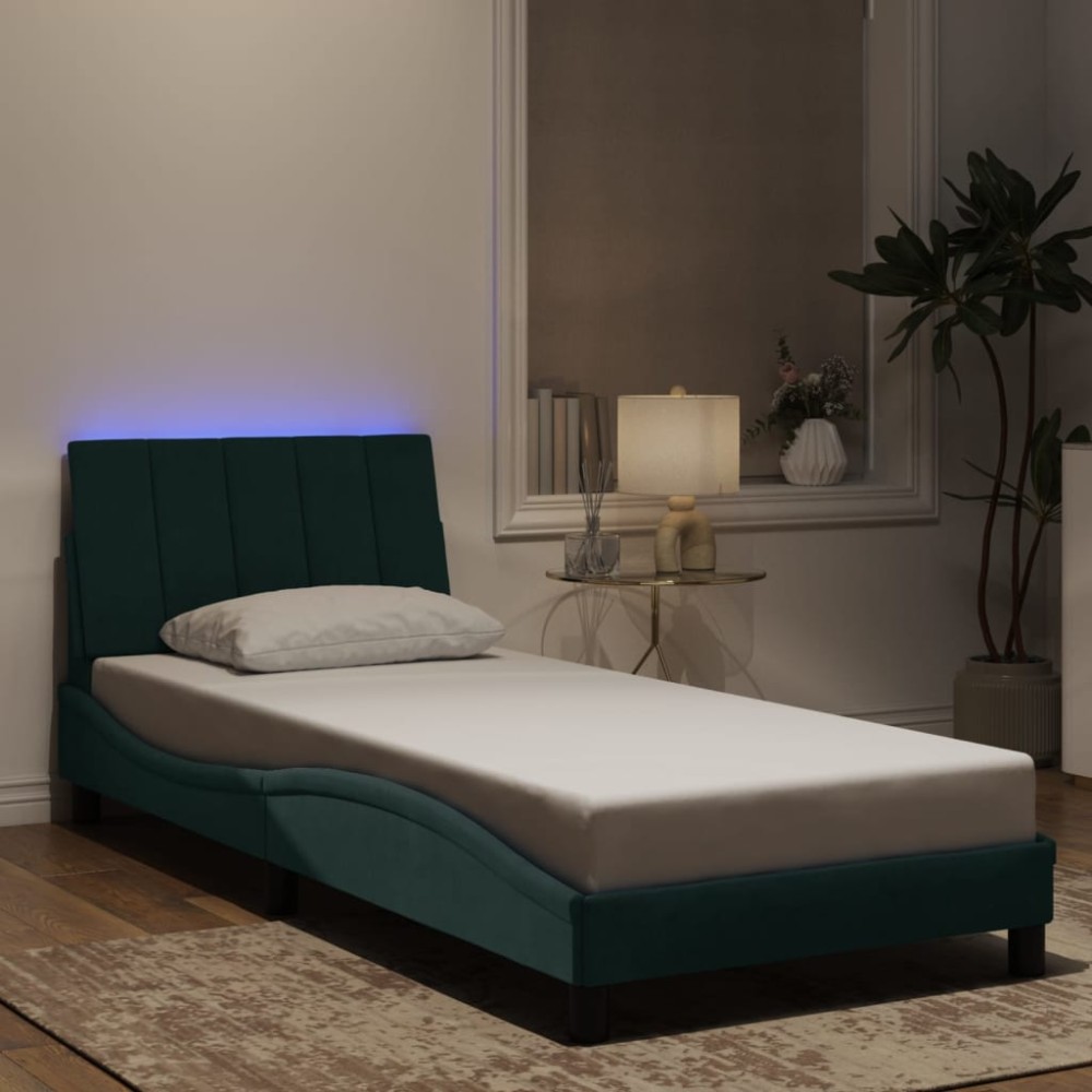 vidaXL Cadru de pat cu lumini LED, verde închis, 90x190 cm, catifea