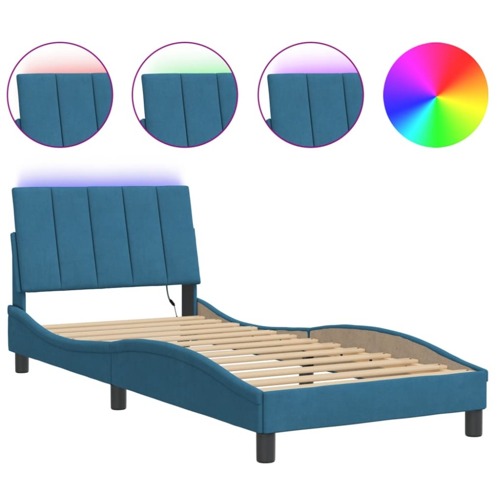 vidaXL Cadru de pat cu lumini LED, albastru, 90x190 cm, catifea