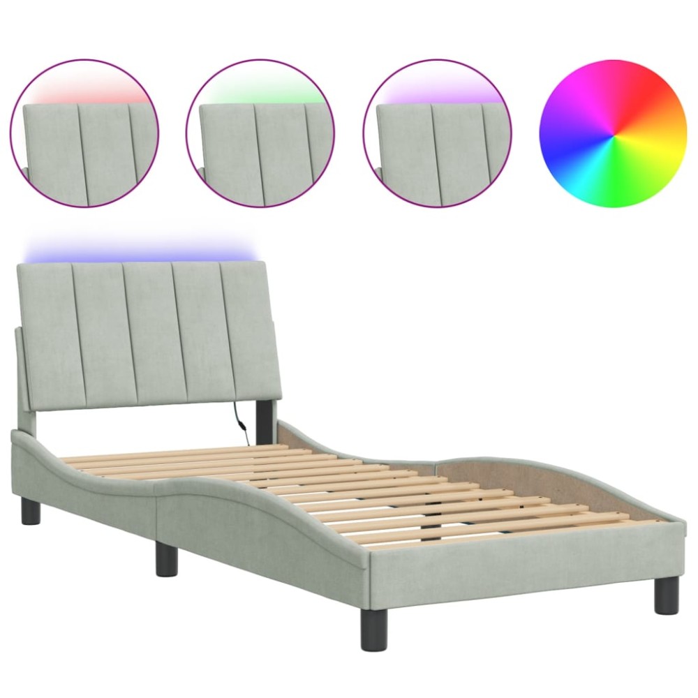 vidaXL Cadru de pat cu lumini LED, gri deschis, 90x200 cm, catifea