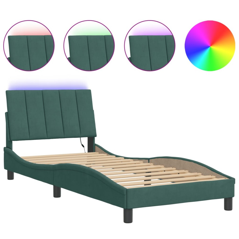 vidaXL Cadru de pat cu lumini LED, verde închis, 90x200 cm, catifea