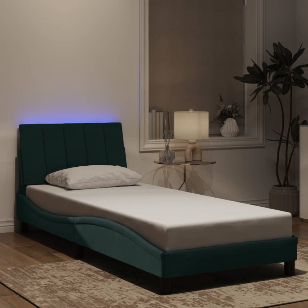 vidaXL Cadru de pat cu lumini LED, verde închis, 90x200 cm, catifea