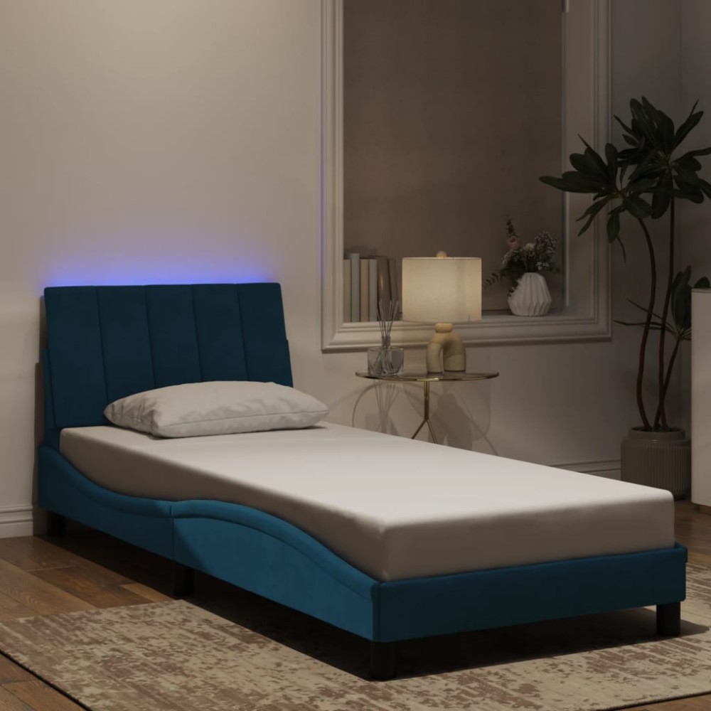 vidaXL Cadru de pat cu lumini LED, albastru, 90x200 cm, catifea