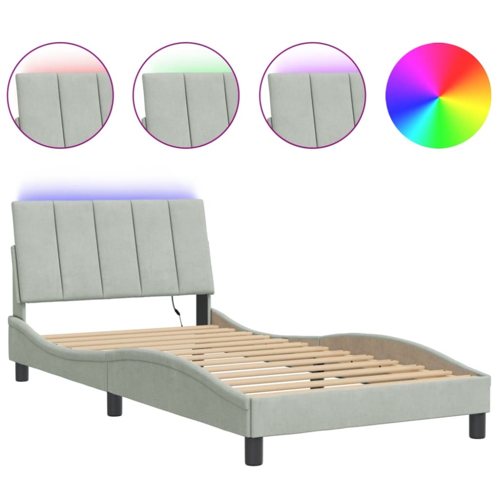 vidaXL Cadru de pat cu lumini LED, gri deschis, 100x200 cm, catifea