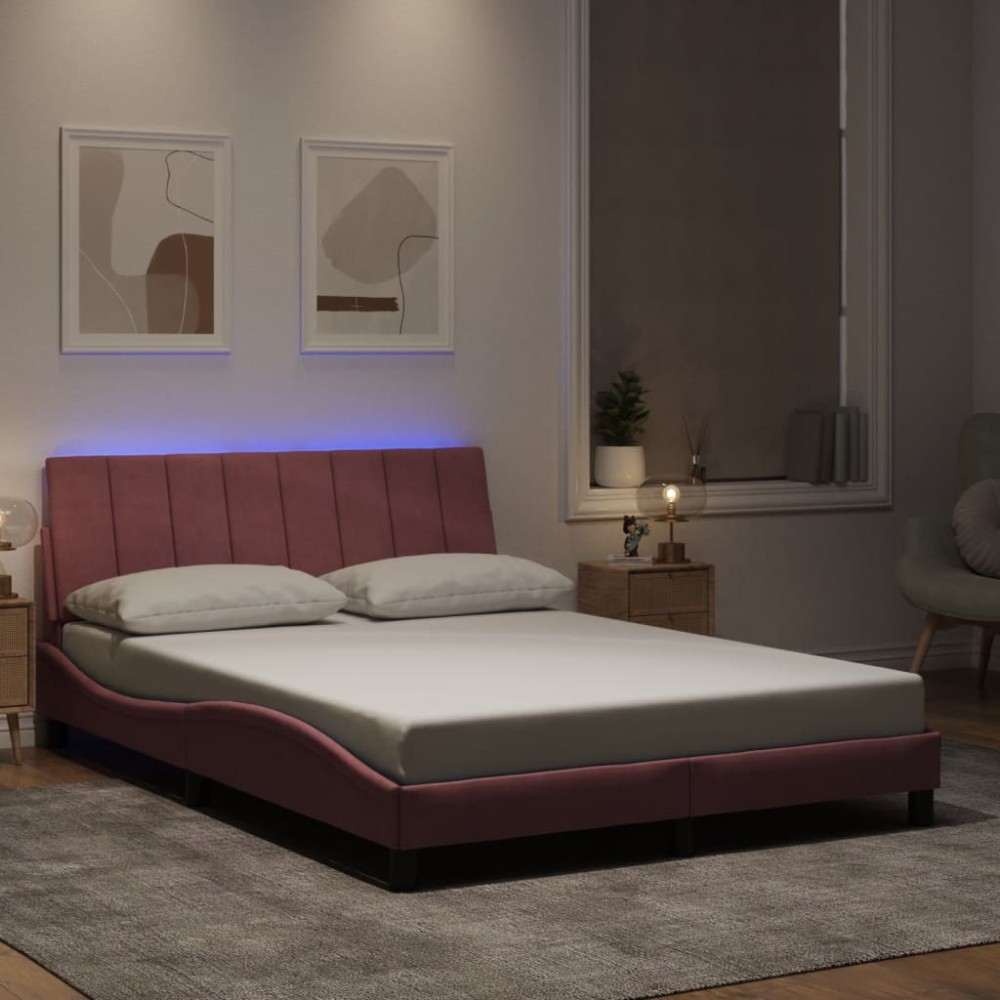 vidaXL Cadru de pat cu lumini LED, roz, 120x200 cm, catifea