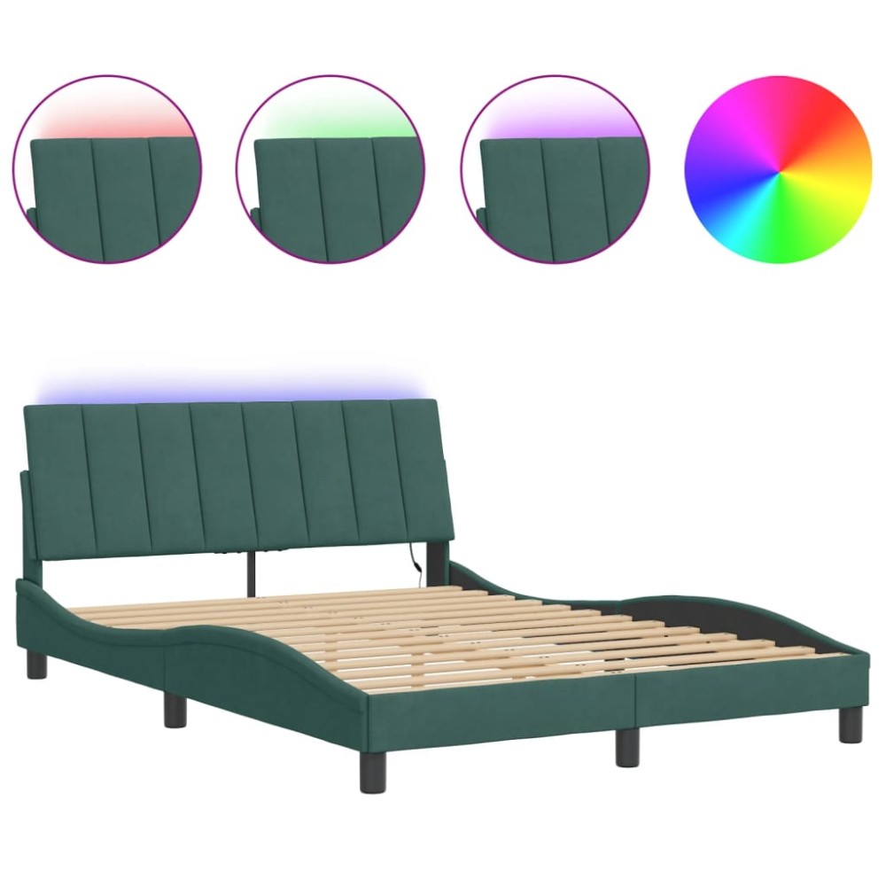 vidaXL Cadru de pat cu lumini LED, verde închis, 140x200 cm, catifea