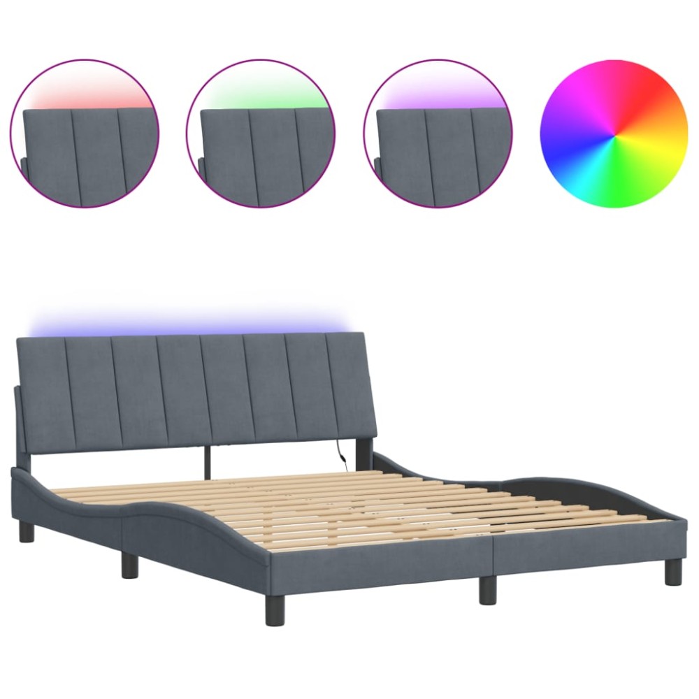 vidaXL Cadru de pat cu lumini LED, gri închis, 160x200 cm, catifea